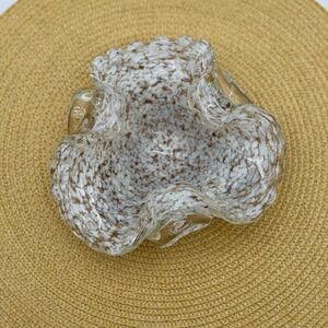 Vintage Hand Blown Art Glass Ruffled Bowl White Gold Fleck Splatter Murano Style